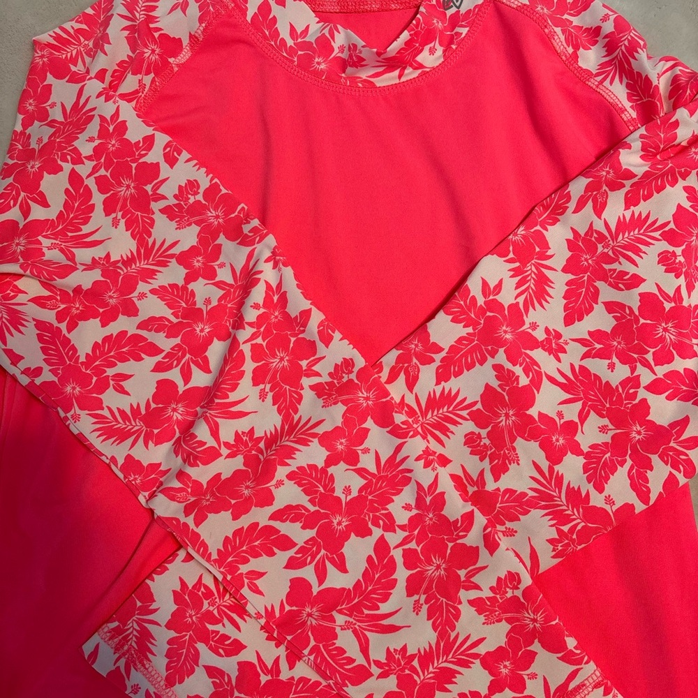 Long-Sleeve Floral Rash Guard Top - Neon Coral Pink